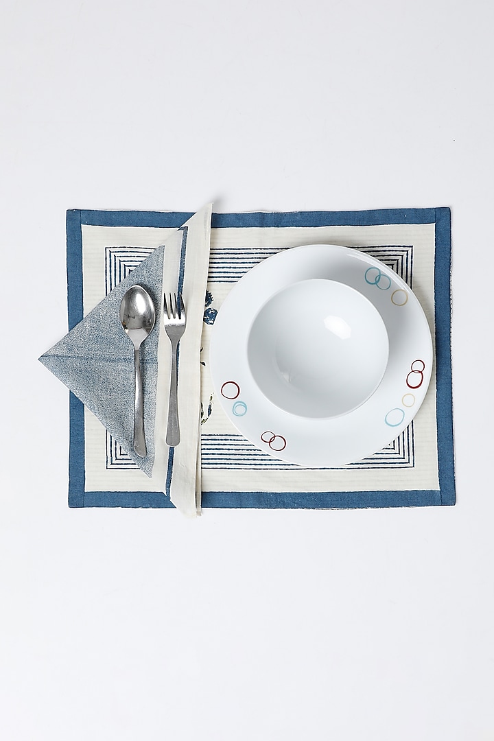 White & Blue Cotton Table Mat & Napkin Set (Set of 8) by Inheritance India at Pernia's Pop Up Shop