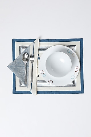 White & Blue Cotton Table Mat & Napkin Set (Set of 8) by Inheritance India