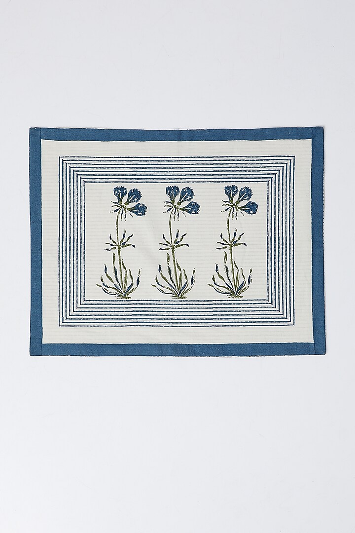 White & Blue Cotton Table Mat & Napkin Set (Set of 8) by Inheritance India at Pernia's Pop Up Shop