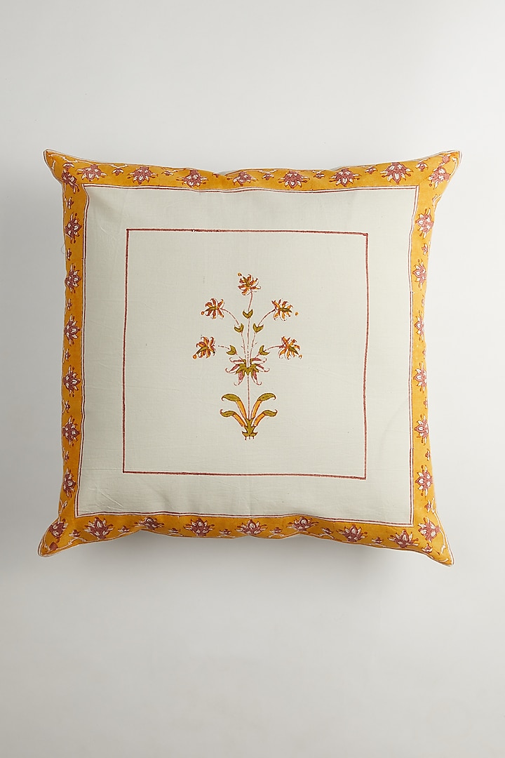 White & Yellow Floral Block Printed Cushion Covers (Set of 2) by Inheritance India