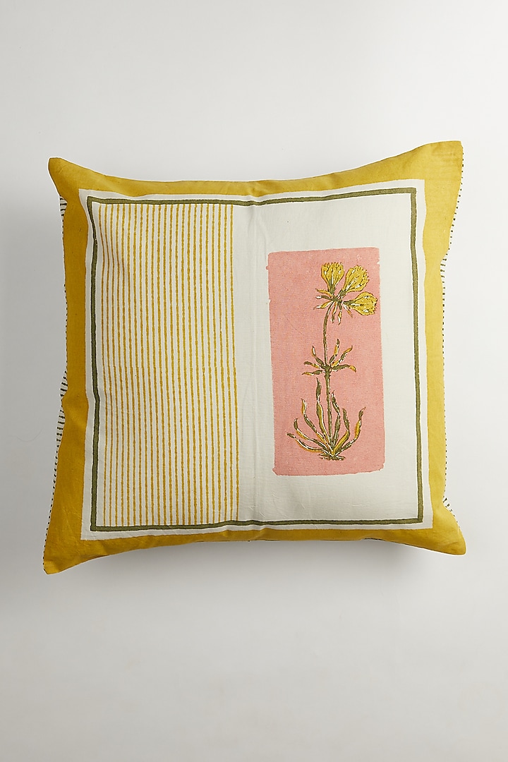 Yellow & White Floral Block Printed Cushion Covers (Set of 2) by Inheritance India