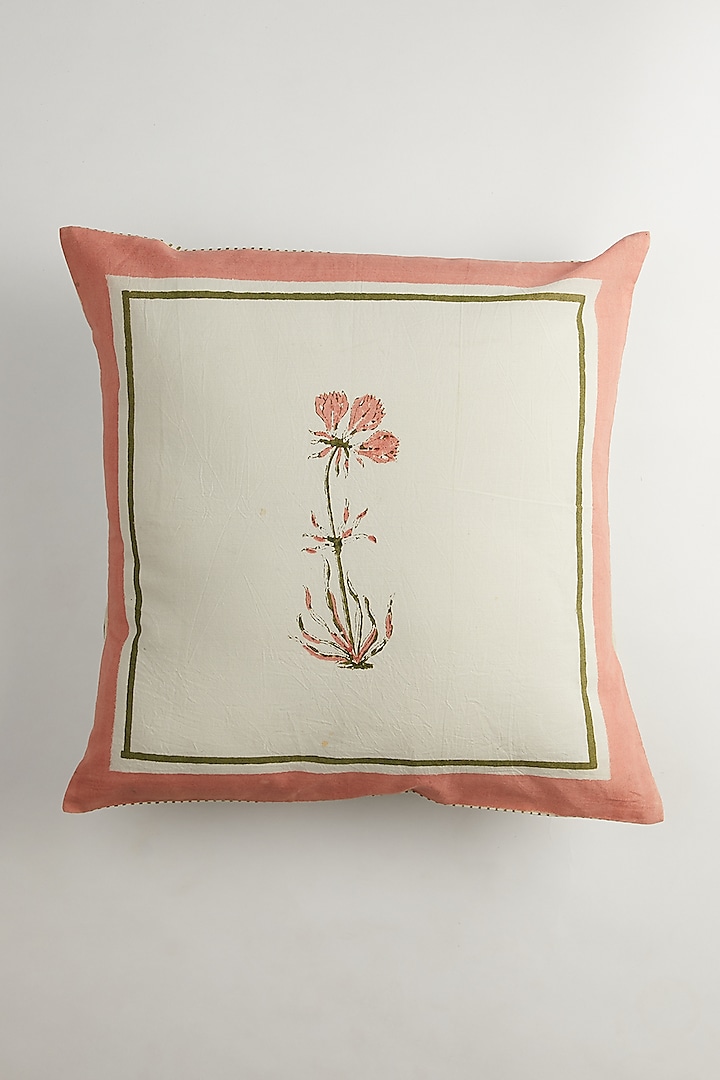 Pink & White Floral Motifs Cushion Covers (Set of 2) by Inheritance India