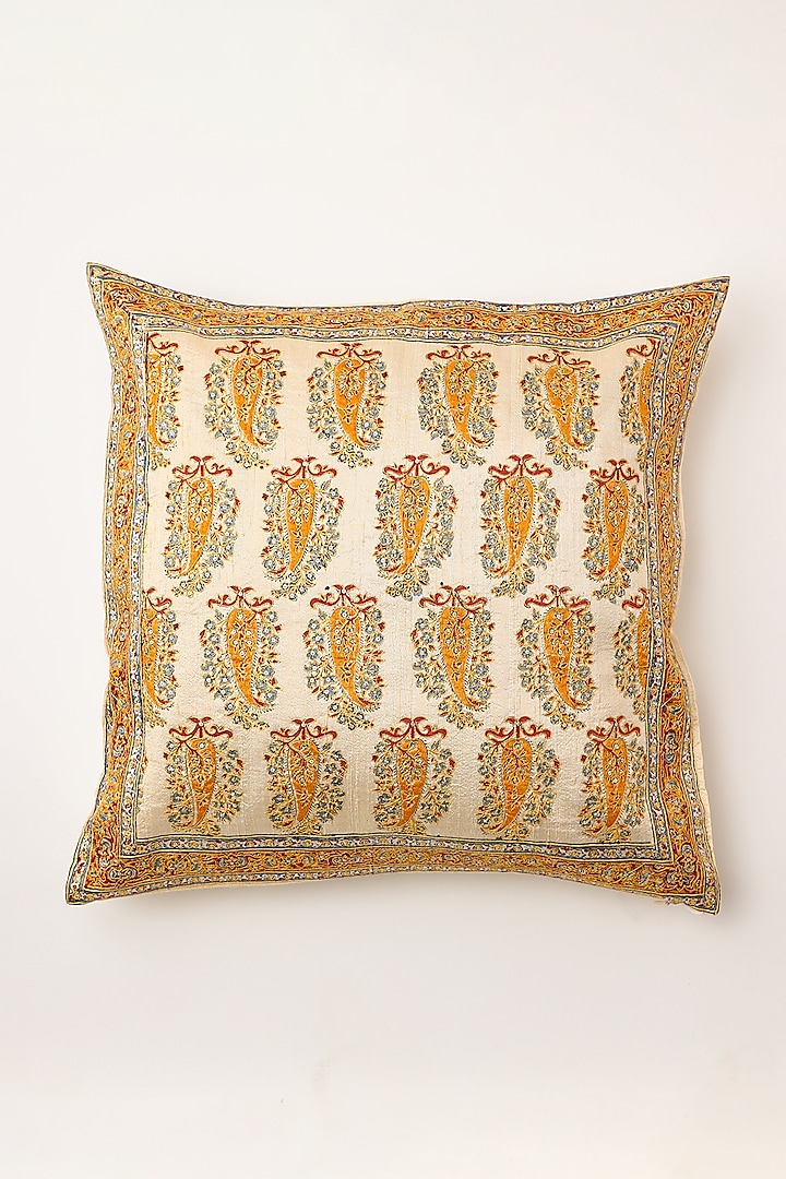 White Hand Embroidered Cushion Cover by Inheritance India