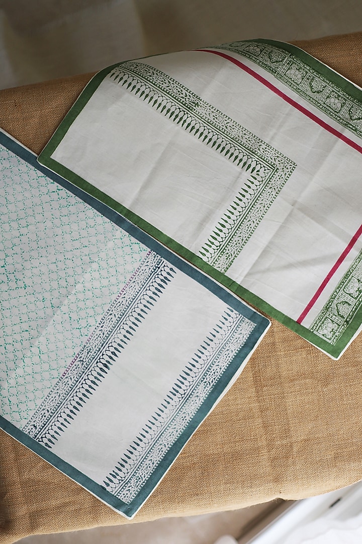 White & Blue Cotton Floral Printed Table Mats by Inheritance India at Pernia's Pop Up Shop