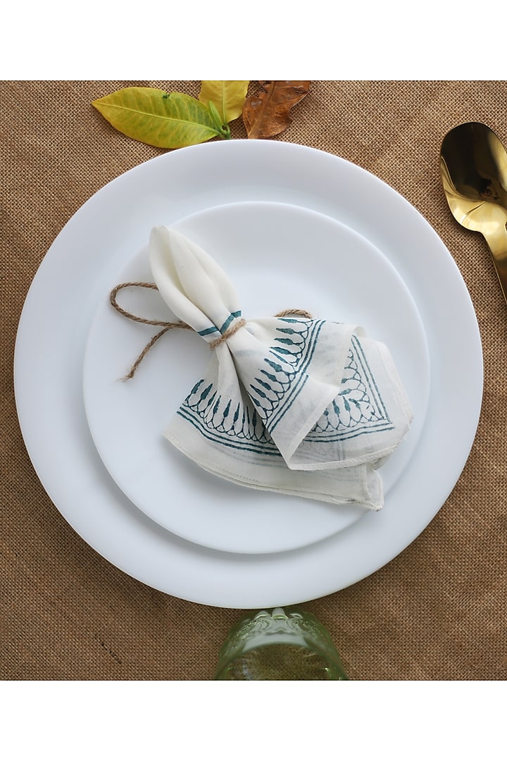 White & Blue Cotton Printed Napkins (Set of 6) by Inheritance India