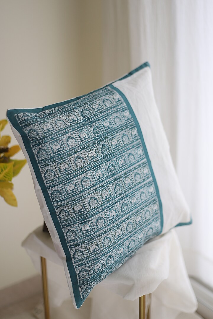 White & Blue Cotton Printed Cushion Covers (Set of 2) by Inheritance India at Pernia's Pop Up Shop
