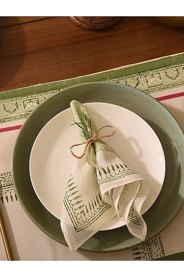 White & Green Cotton Printed Napkins (Set of 6) by Inheritance India