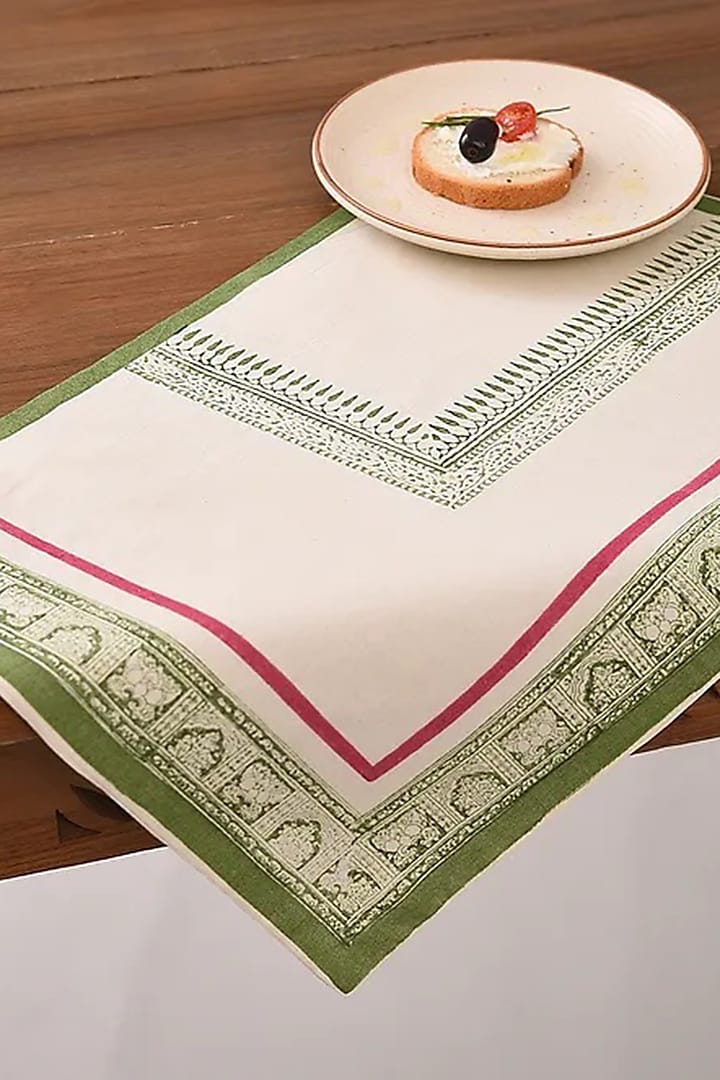 White & Green Cotton Floral Printed Table Mats by Inheritance India