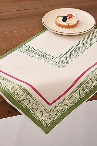 White & Green Cotton Floral Printed Table Mats by Inheritance India