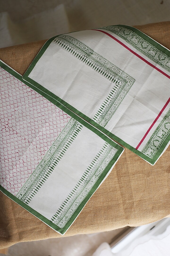 White & Green Cotton Floral Printed Table Mats by Inheritance India at Pernia's Pop Up Shop