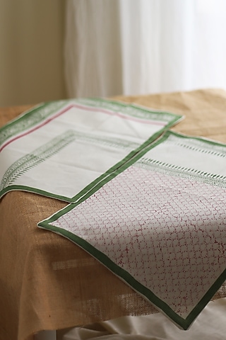 White & Green Cotton Floral Printed Table Mats by Inheritance India