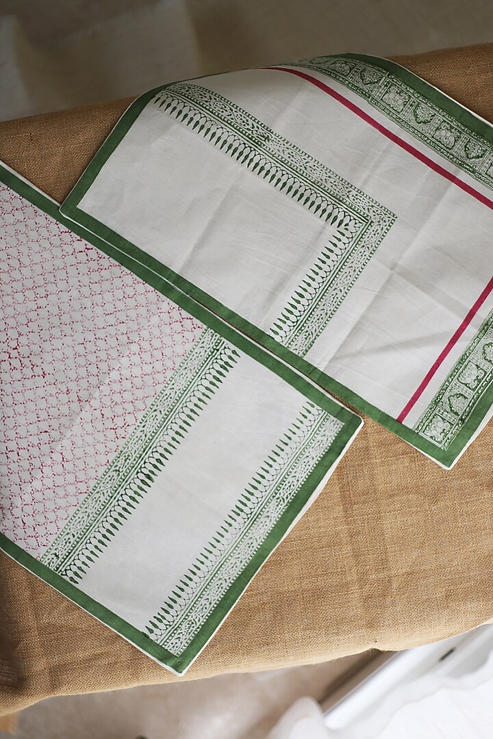 White & Green Cotton Floral Printed Table Mats by Inheritance India at Pernia's Pop Up Shop