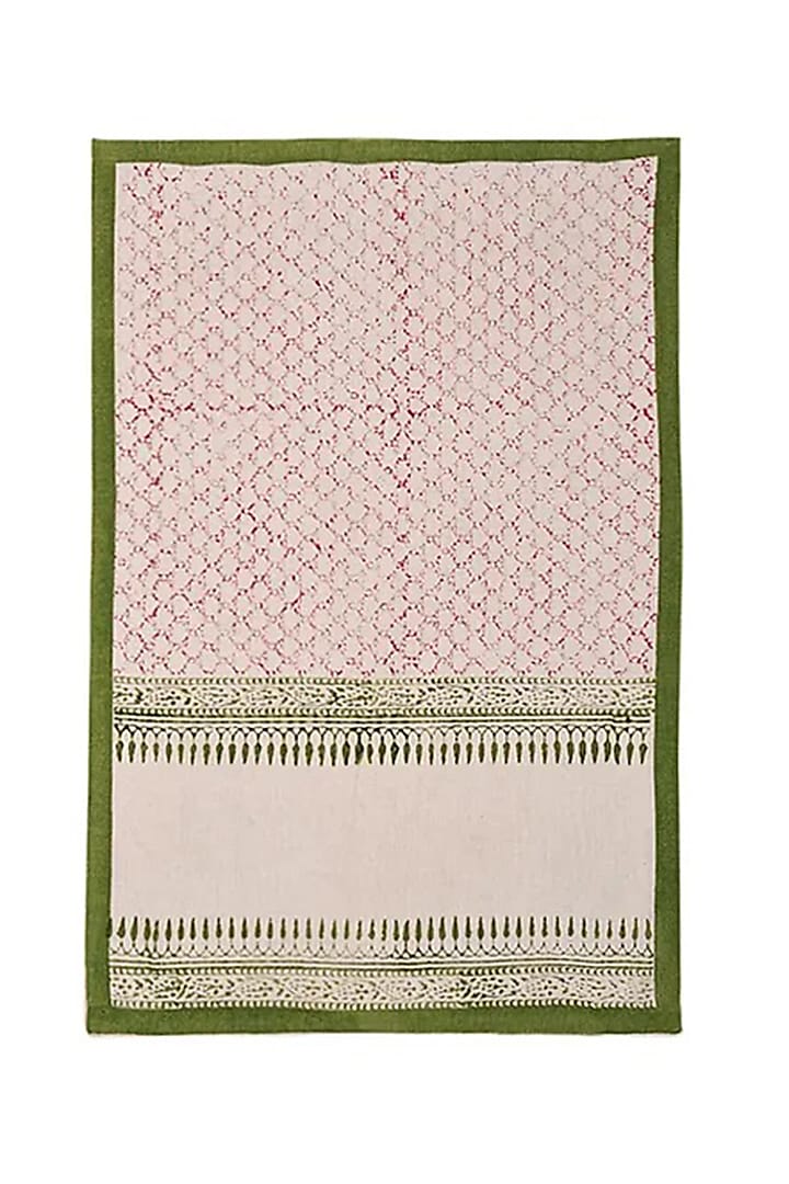White & Green Cotton Printed Table Mats & Napkins (Set of 12) by Inheritance India