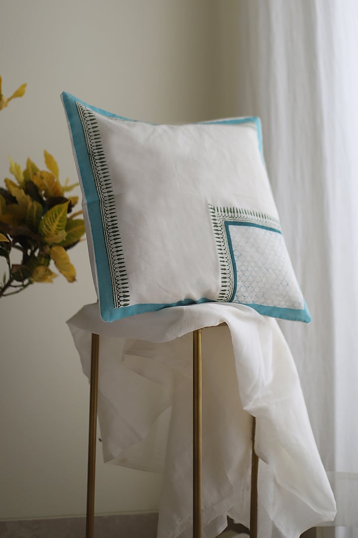 White & Blue Cotton Printed Cushion Covers (Set of 2) by Inheritance India