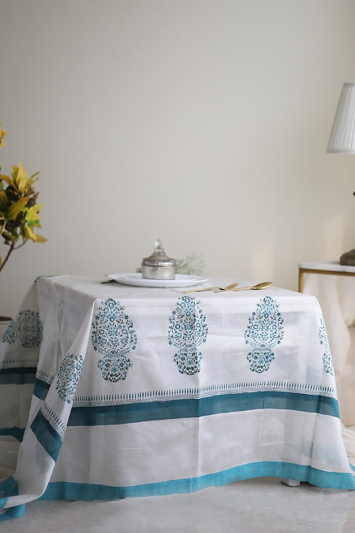 White & Blue Silk Printed Table Cover by Inheritance India