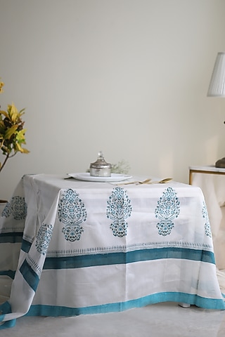 White & Blue Silk Printed Table Cover by Inheritance India