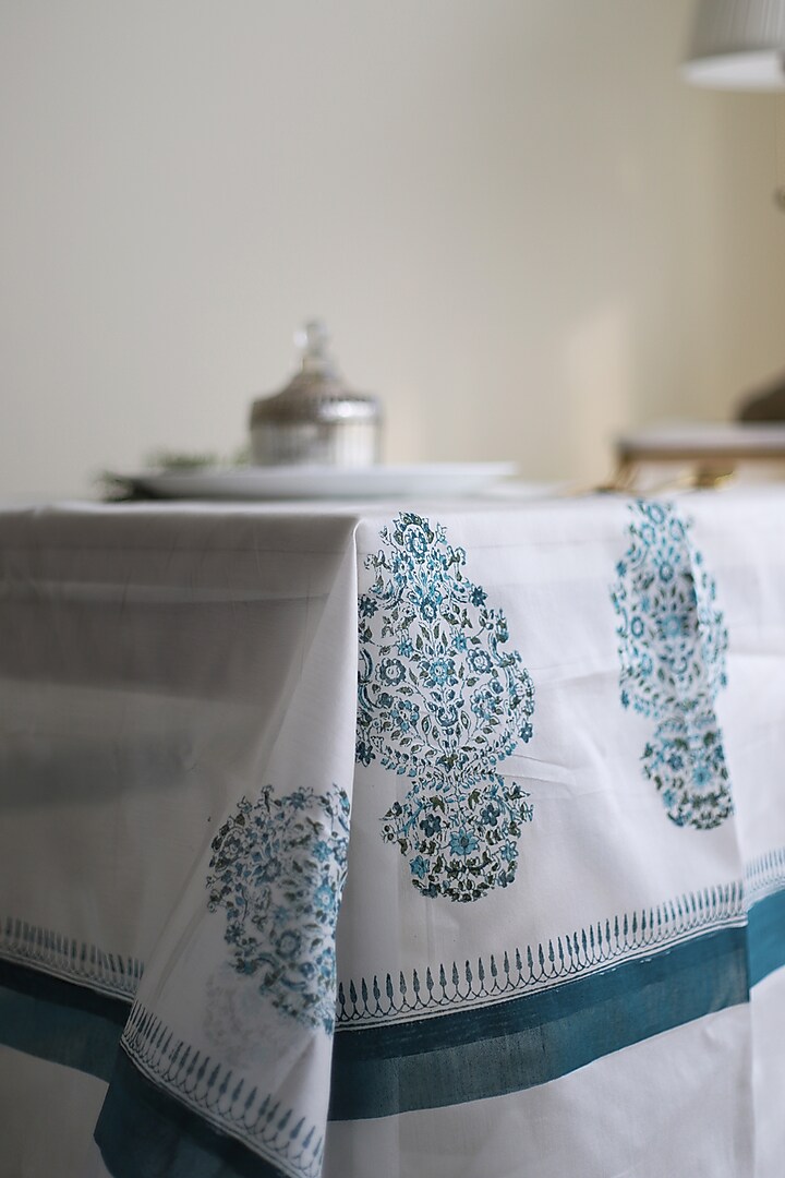 White & Blue Silk Printed Table Cover by Inheritance India at Pernia's Pop Up Shop