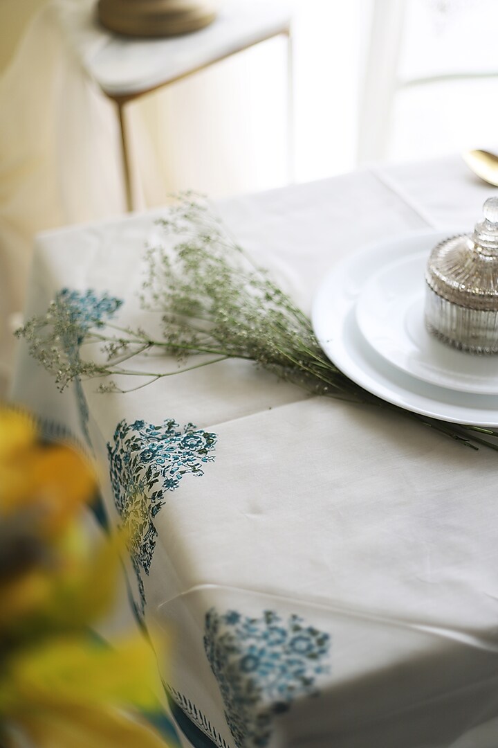 White & Blue Silk Printed Table Cover by Inheritance India at Pernia's Pop Up Shop