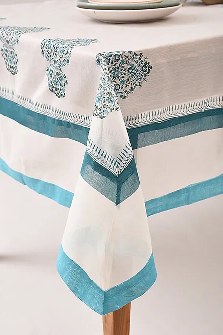 White & Blue Silk Printed Table Cover by Inheritance India at Pernia's Pop Up Shop