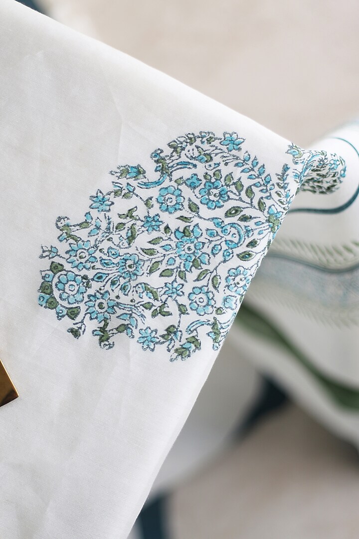 White & Blue Silk Printed Table Cover by Inheritance India at Pernia's Pop Up Shop