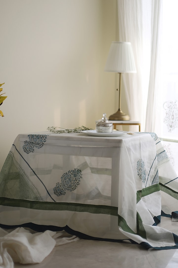 White & Green Silk Printed Table Cover by Inheritance India