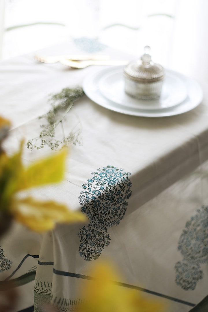 White & Green Silk Printed Table Cover by Inheritance India at Pernia's Pop Up Shop