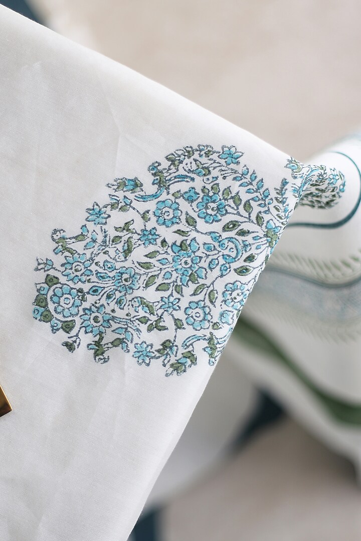 White & Green Silk Printed Table Cover by Inheritance India at Pernia's Pop Up Shop
