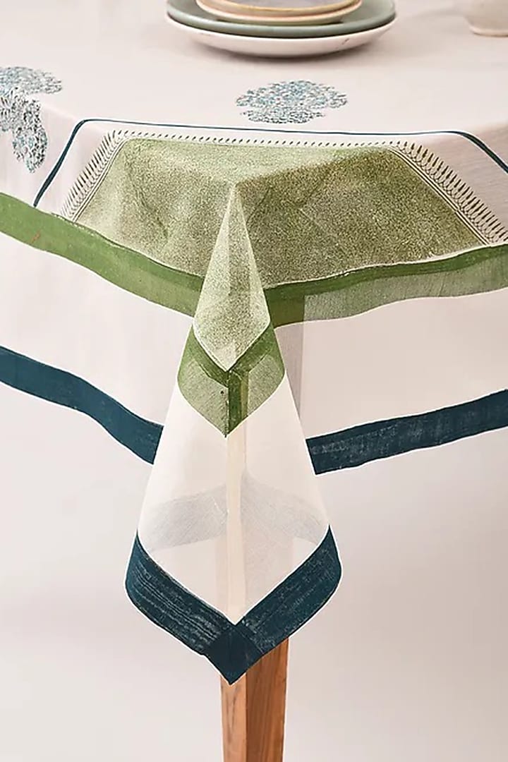 White & Green Silk Printed Table Cover by Inheritance India at Pernia's Pop Up Shop