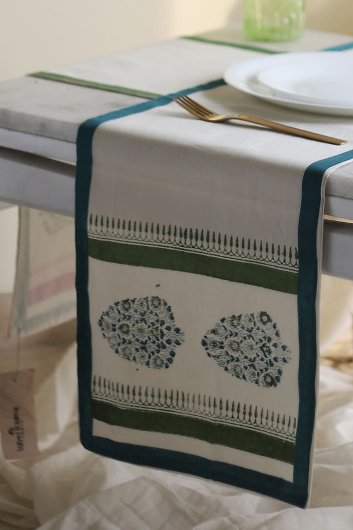 White & Blue Cotton Printed Table Runner by Inheritance India
