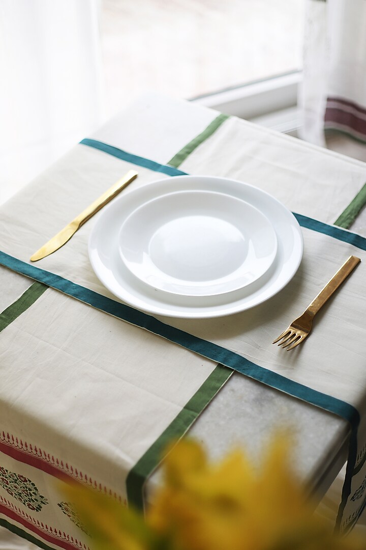 White & Blue Cotton Printed Table Runner by Inheritance India at Pernia's Pop Up Shop