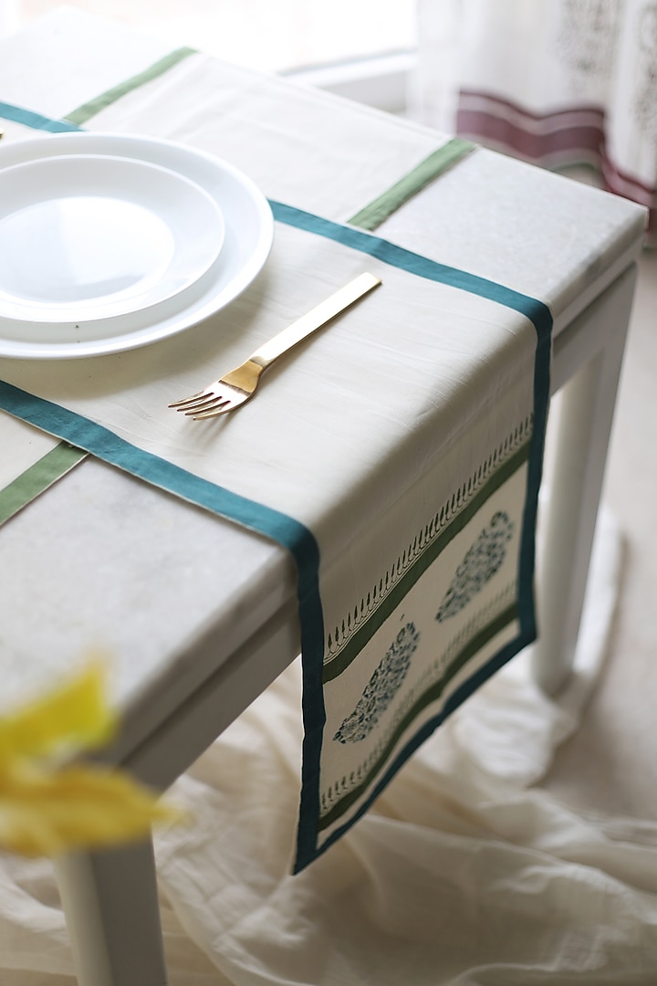 White & Blue Cotton Printed Table Runner by Inheritance India at Pernia's Pop Up Shop