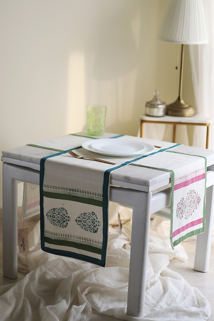 White & Blue Cotton Printed Table Runner by Inheritance India at Pernia's Pop Up Shop