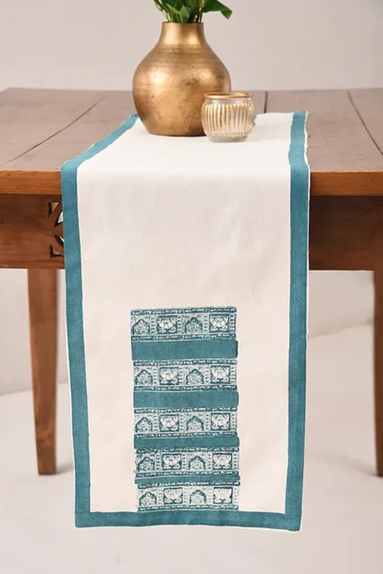 White & Blue Cotton Printed Table Runner by Inheritance India at Pernia's Pop Up Shop