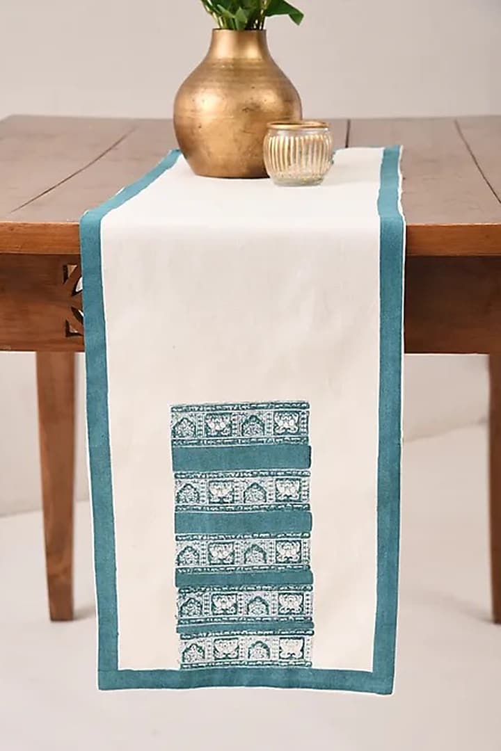 White & Blue Cotton Printed Table Runner by Inheritance India