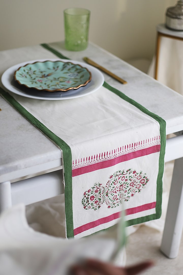 White & Pink Cotton Printed Table Runner by Inheritance India
