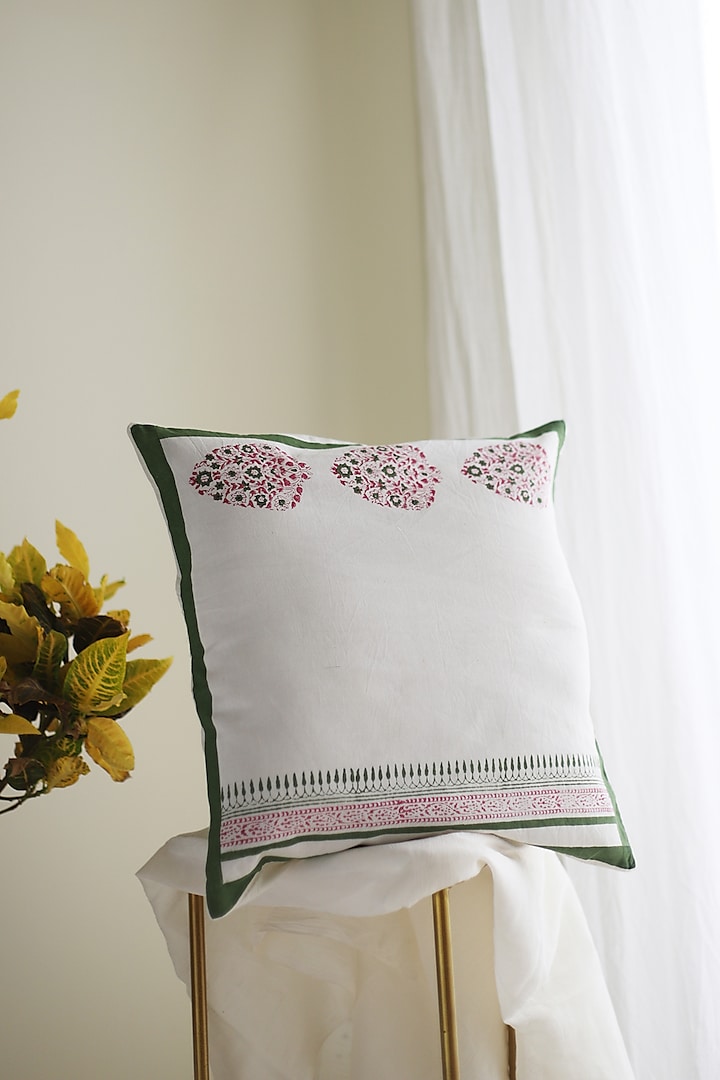 White & Pink Cotton Printed Cushion Covers (Set of 2) by Inheritance India