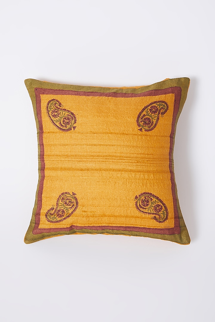 Spectra Yellow Cushions Cover With Hand Block Print (Set of 2) by Inheritance India at Pernia's Pop Up Shop
