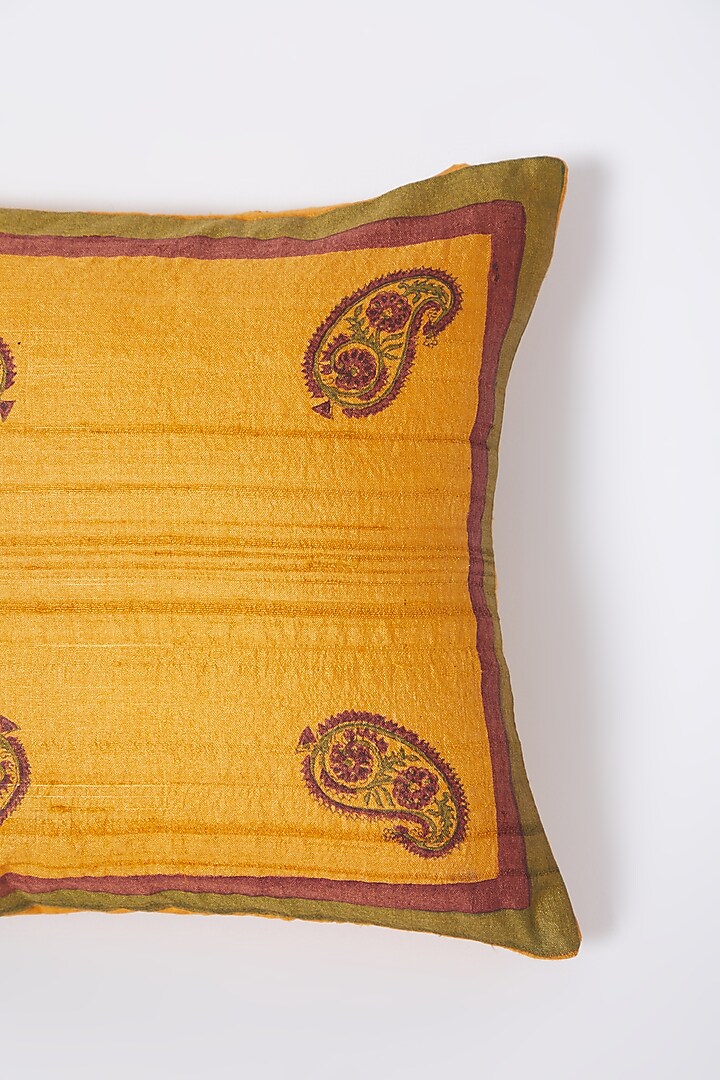 Spectra Yellow Cushions Cover With Hand Block Print (Set of 2) by Inheritance India at Pernia's Pop Up Shop