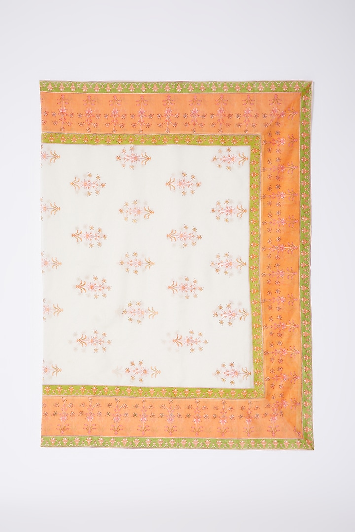 White & Orange Chanderi Table Cloth by Inheritance India