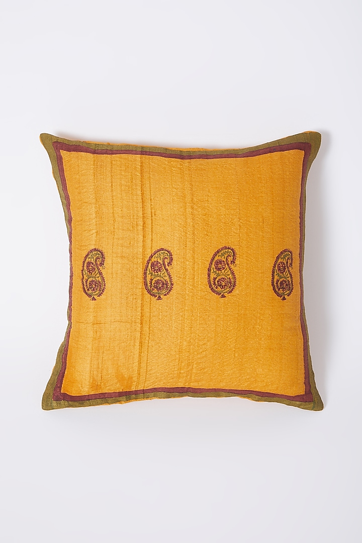 Citrus Yellow Paisley Printed Cushion Covers (Set of 2) by Inheritance India at Pernia's Pop Up Shop