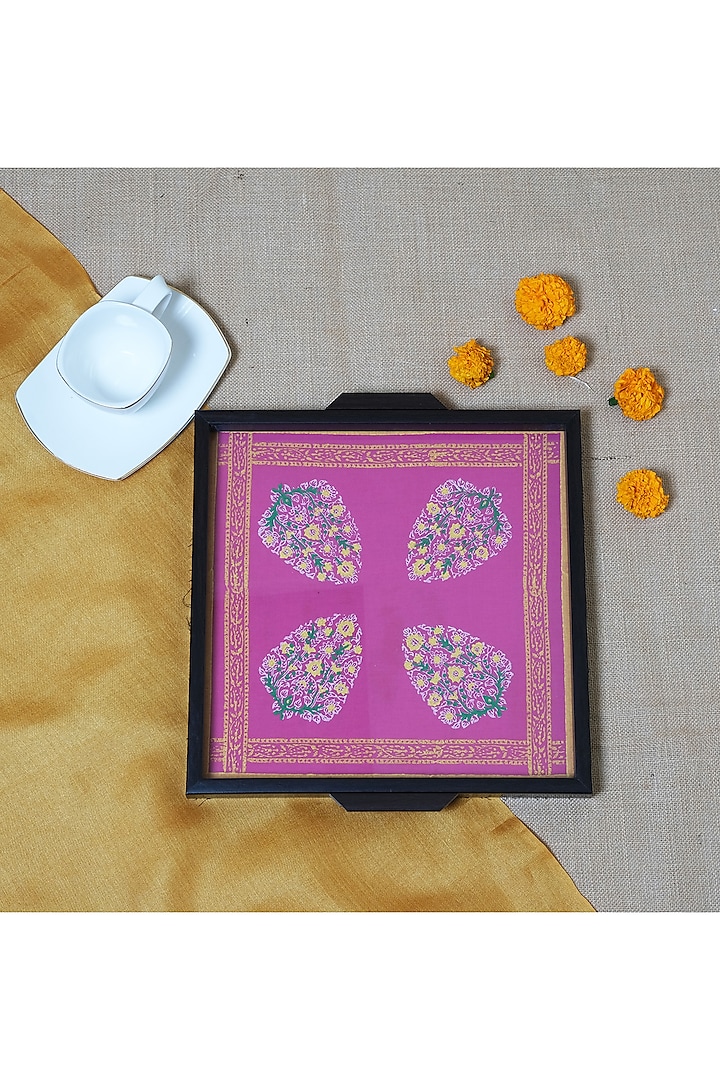 Pink Cotton Floral Motif Hand Block Printed Square Tray by Inheritance India