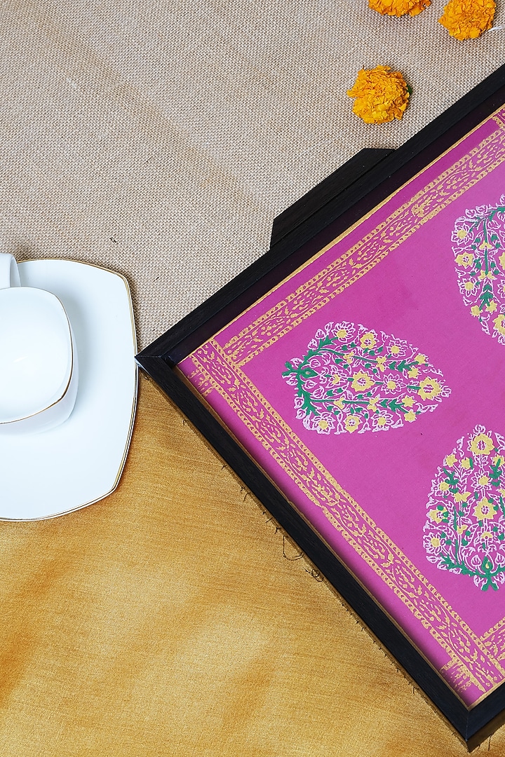 Pink Cotton Floral Motif Hand Block Printed Square Tray by Inheritance India at Pernia's Pop Up Shop