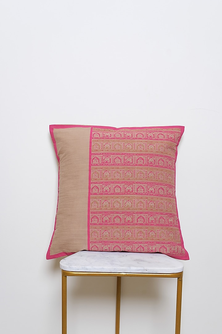 Beige & Pink Cotton Pata Hand Block Printed Square Cushion Cover (Set of 2) by Inheritance India at Pernia's Pop Up Shop