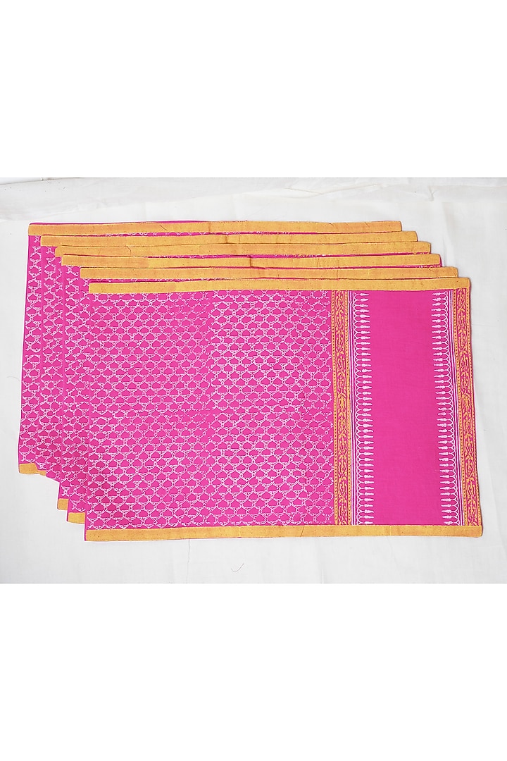 Pink Cotton Jaal Hand Block Printed Square Table Mat (Set of 2) by Inheritance India at Pernia's Pop Up Shop