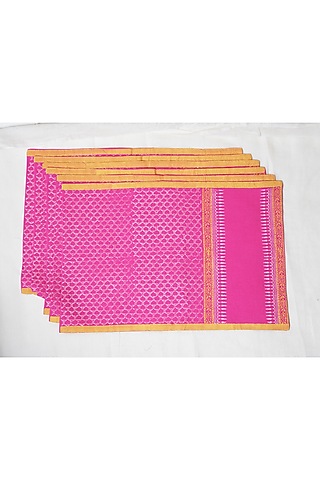 Pink Cotton Jaal Hand Block Printed Square Table Mat (Set of 6) by Inheritance India