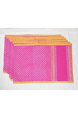 Pink Cotton Jaal Hand Block Printed Square Table Mat (Set of 12) by Inheritance India