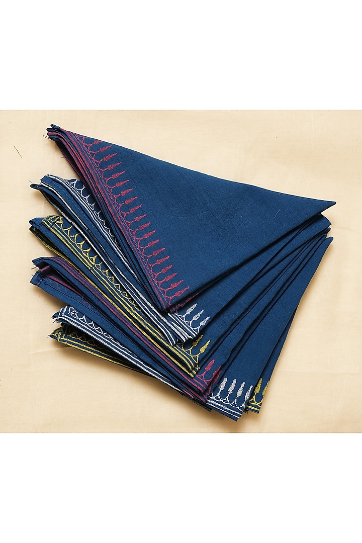 Blue Cotton Hand Block Printed Napkin Set (Set of 6) by Inheritance India