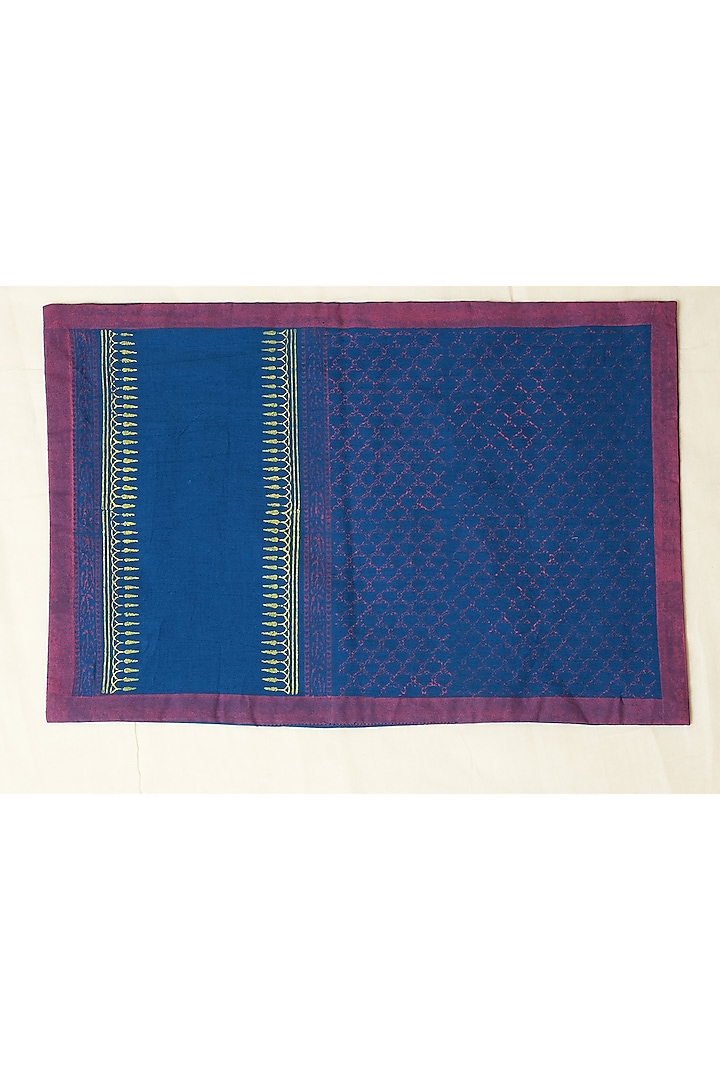 Blue Cotton Jaal Hand Block Printed Square Table Mat (Set of 2) by Inheritance India