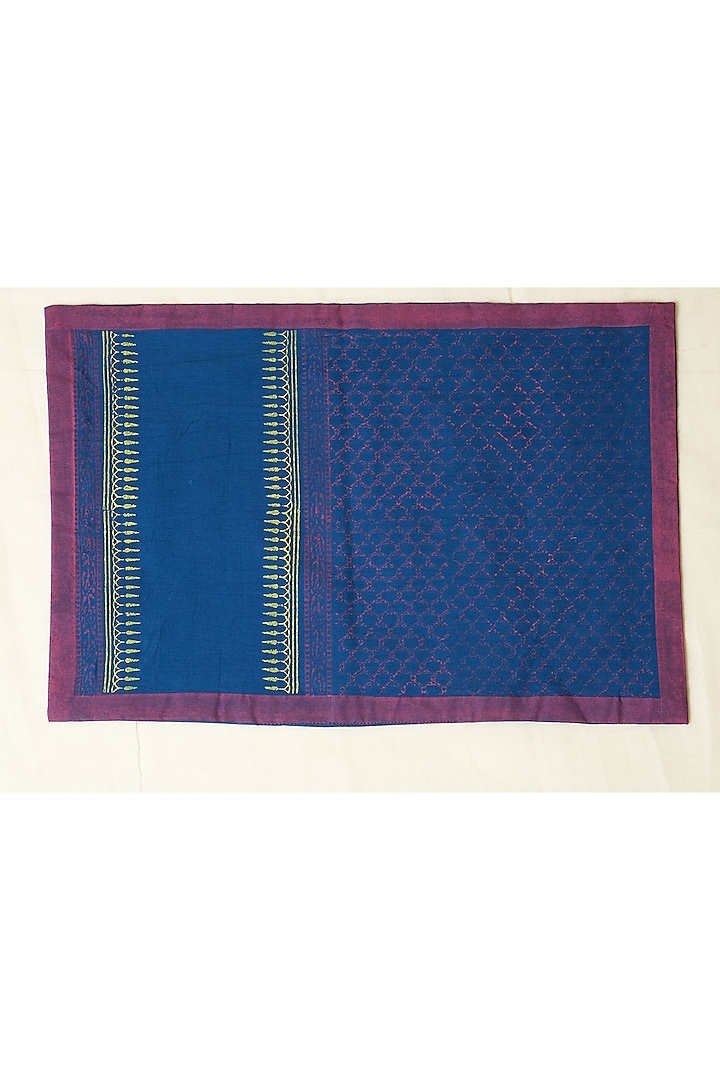 Blue Cotton Jaal Hand Block Printed Square Table Mat (Set of 6) by Inheritance India