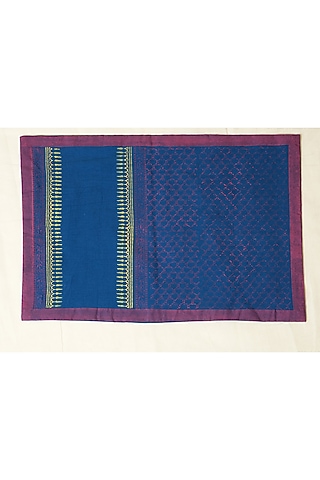 Blue Cotton Jaal Hand Block Printed Square Table Mat (Set of 6) by Inheritance India